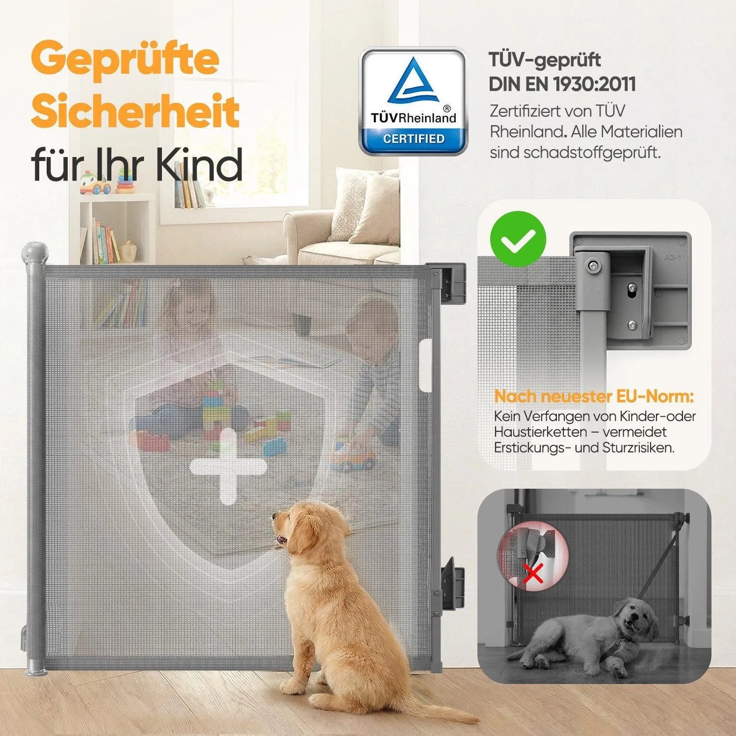 Graues, ausziehbares Sekey Treppenschutzgitter trennt spielende Kinder und Hund. TÜV-geprüft, sicher für Innen & Außen.