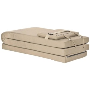 Beige Beautissu Loftlux DC Deckchairauflage, 175x45x5cm, gefaltet mit Kopfkissen und Bändern. Ideal als Gartenstuhlauflage.