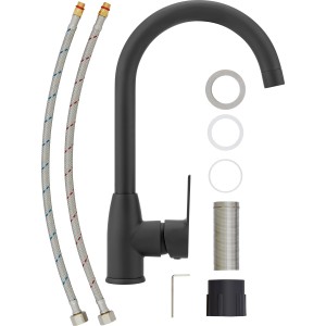 Küchenarmatur Lattari Einhebel Schwarz matt mit Zubehör für die Montage.