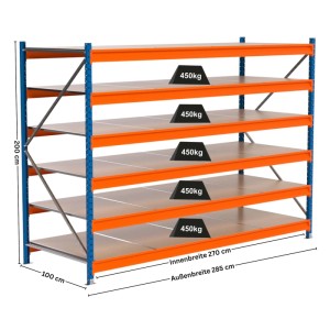PROREGAL Weitspannregal MAXIMUS PRO Grundregal, 200x275x100cm, mit 6 Spanplatten-Fachböden, blau/orange