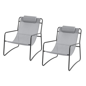 2er Set Svita Sveio Relaxsessel, hellgraue Gartenstühle mit Kissen und schwarzem Stahlrahmen.