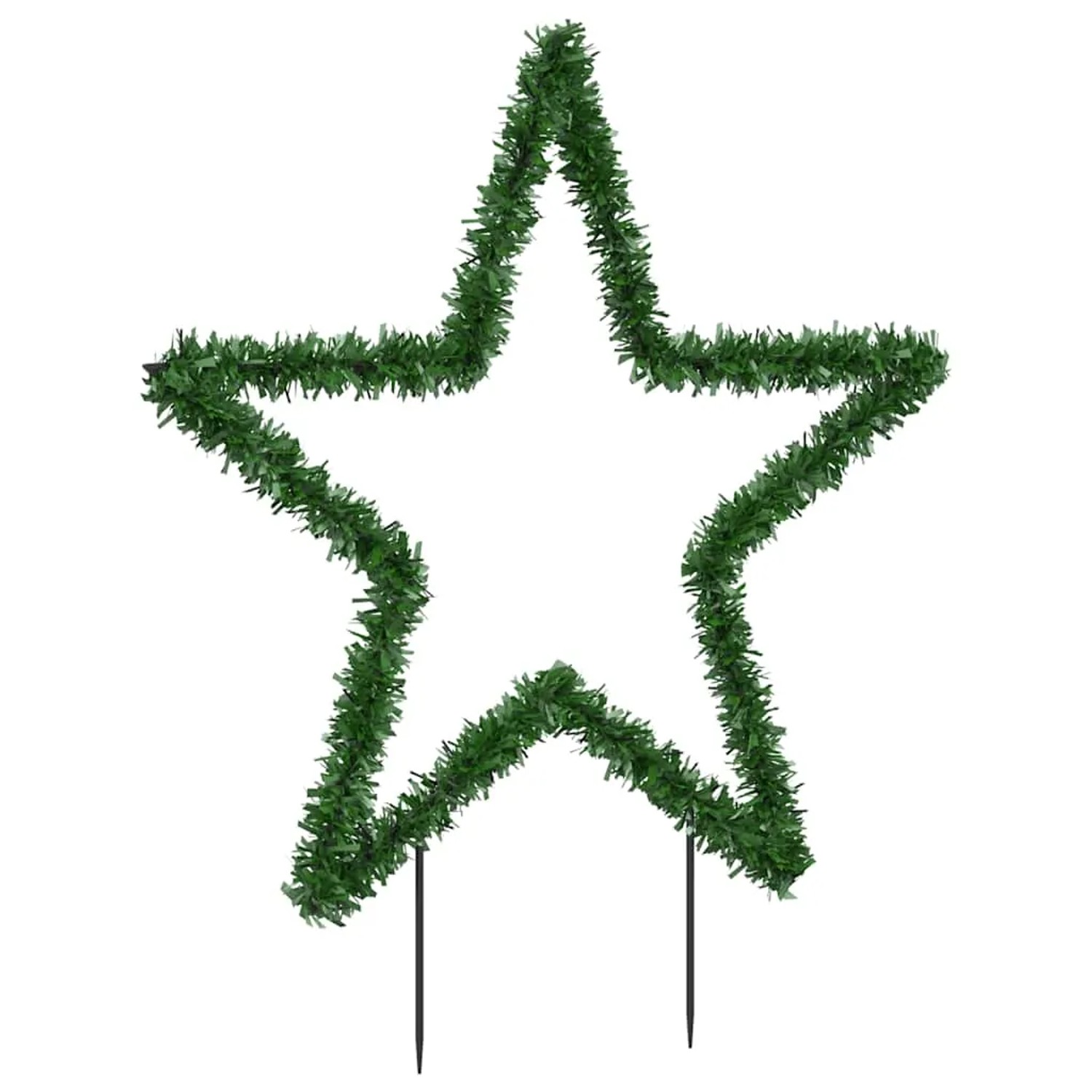 Grüner Weihnachtsstern aus Tannengirlande mit Erdspießen. Große LED Weihnachtsdekoration für außen.