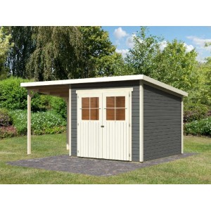 Graues Karibu Gartenhaus mit Pultdach und Anbaudach. Doppeltür mit Fenstern, 19 mm Fichtenholz im Garten.