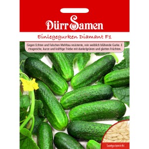 Dürr Samen Einlegegurken Diamant F1 Saatgut Packung mit Gurken und Samenvorschau.