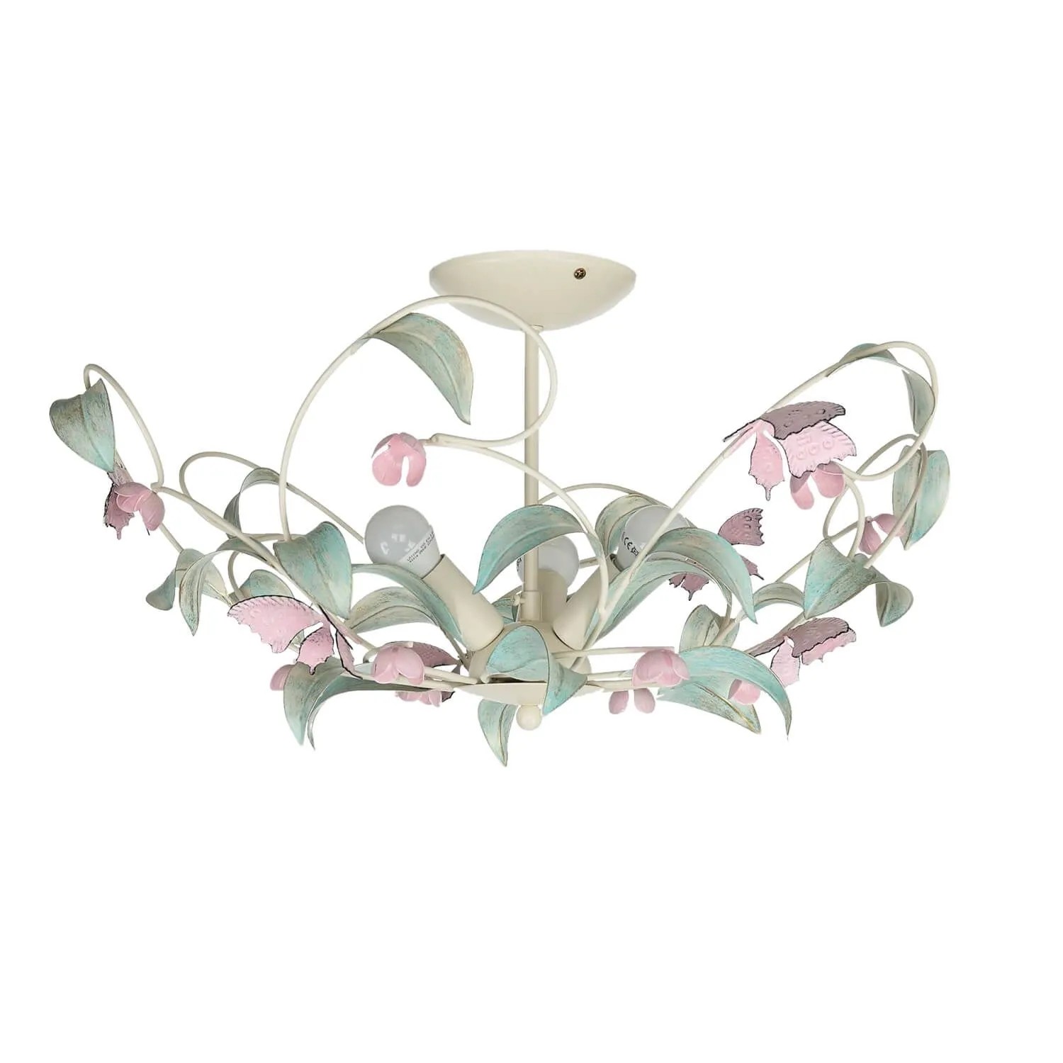 Licht-Erlebnisse Deckenlampe Metall 64 cm Breit Weiß Rosa Grün 3-Flammig E14 Floral
