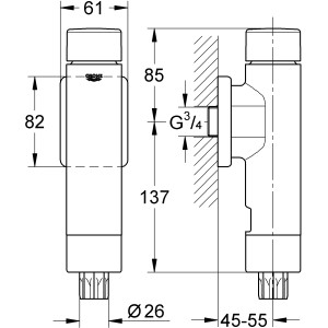 Technische Zeichnung: Grohe Druckspüler Rondo A.S. für WC mit Maßen und Details zur Installation.