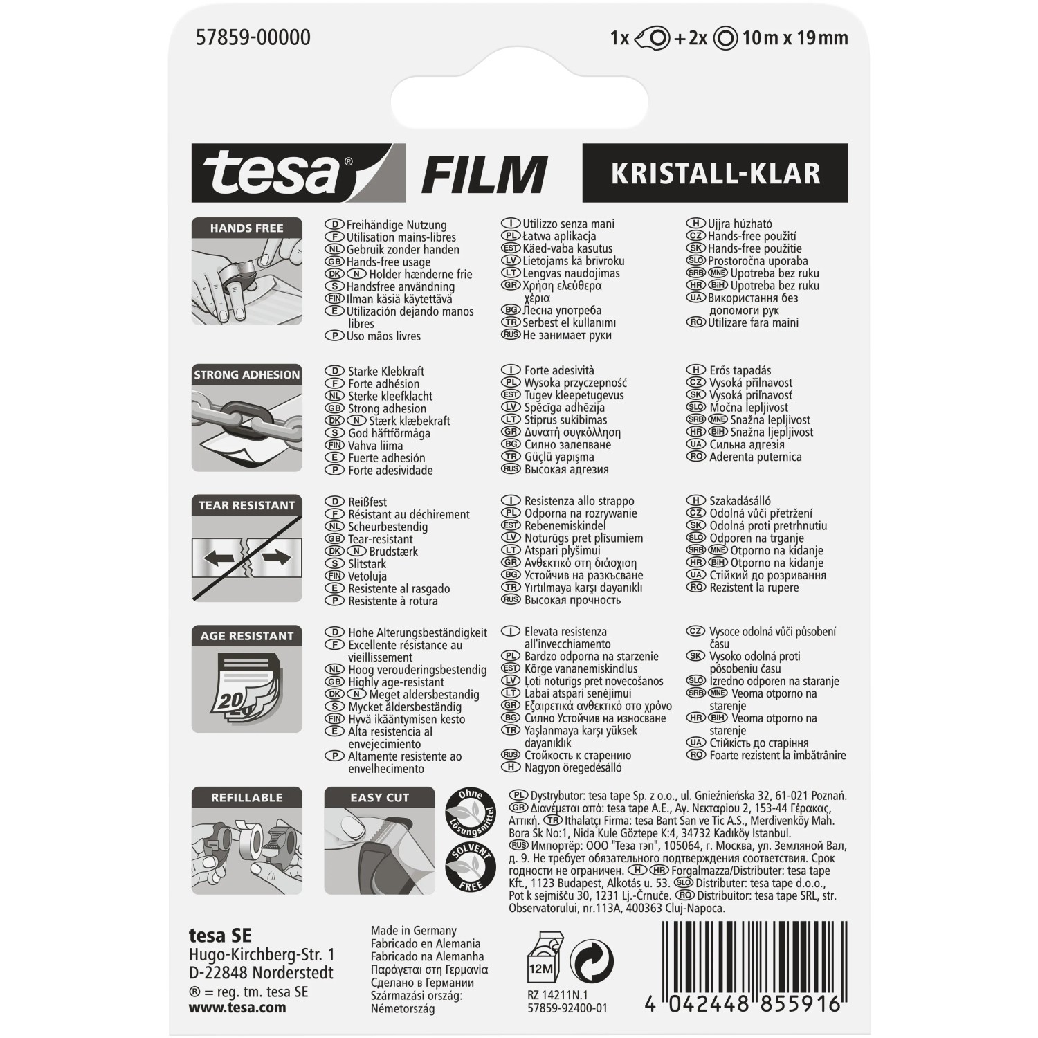 Tesa Film Kristall-Klar mit Mini-Abroller, 2 Rollen à 10m. Klebeband für Büro und Haushalt.