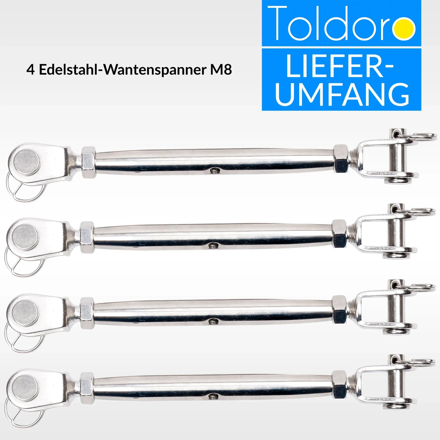 4er Set Toldoro M8 Wantenspanner aus rostfreiem Edelstahl V4A mit Gabel/Gabel-Konstruktion.
