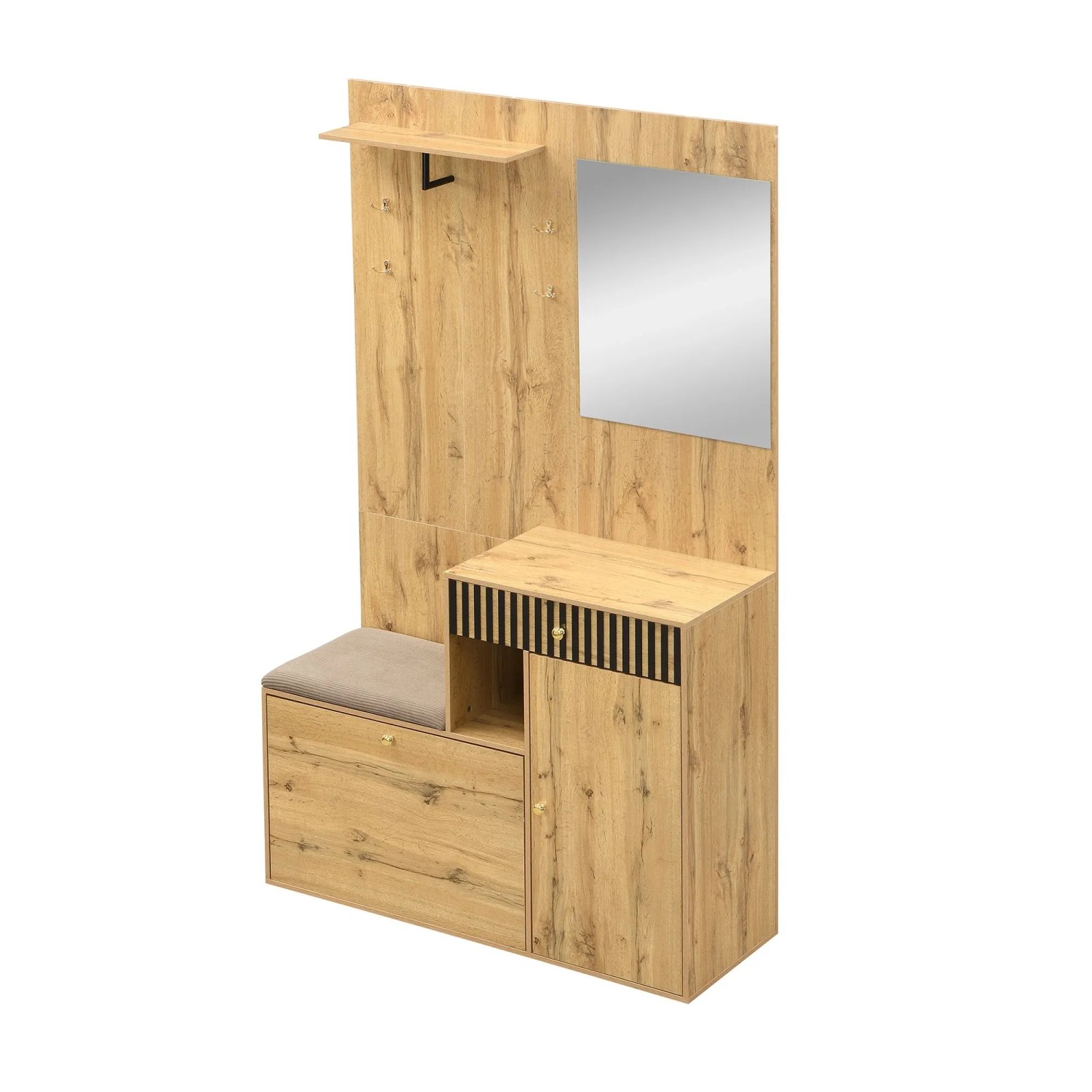 Okwish Garderoben Set Mit Spiegel Polsterkissen Flur 110x37x185cm Natur