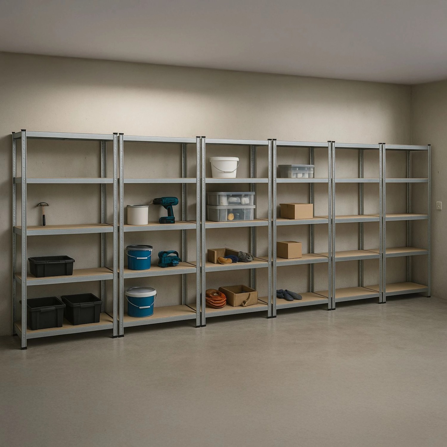 8er Set Juskys Lagerregal Basic, 180x90x40 cm, mit verzinktem Metallrahmen und Holzregalböden.