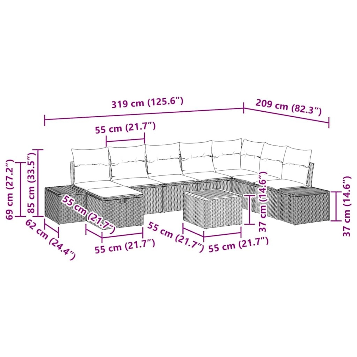 vidaXL Garten-Sofa-Set, 9-teilig, beige Poly Rattan, mit Maßen und Stauraum.