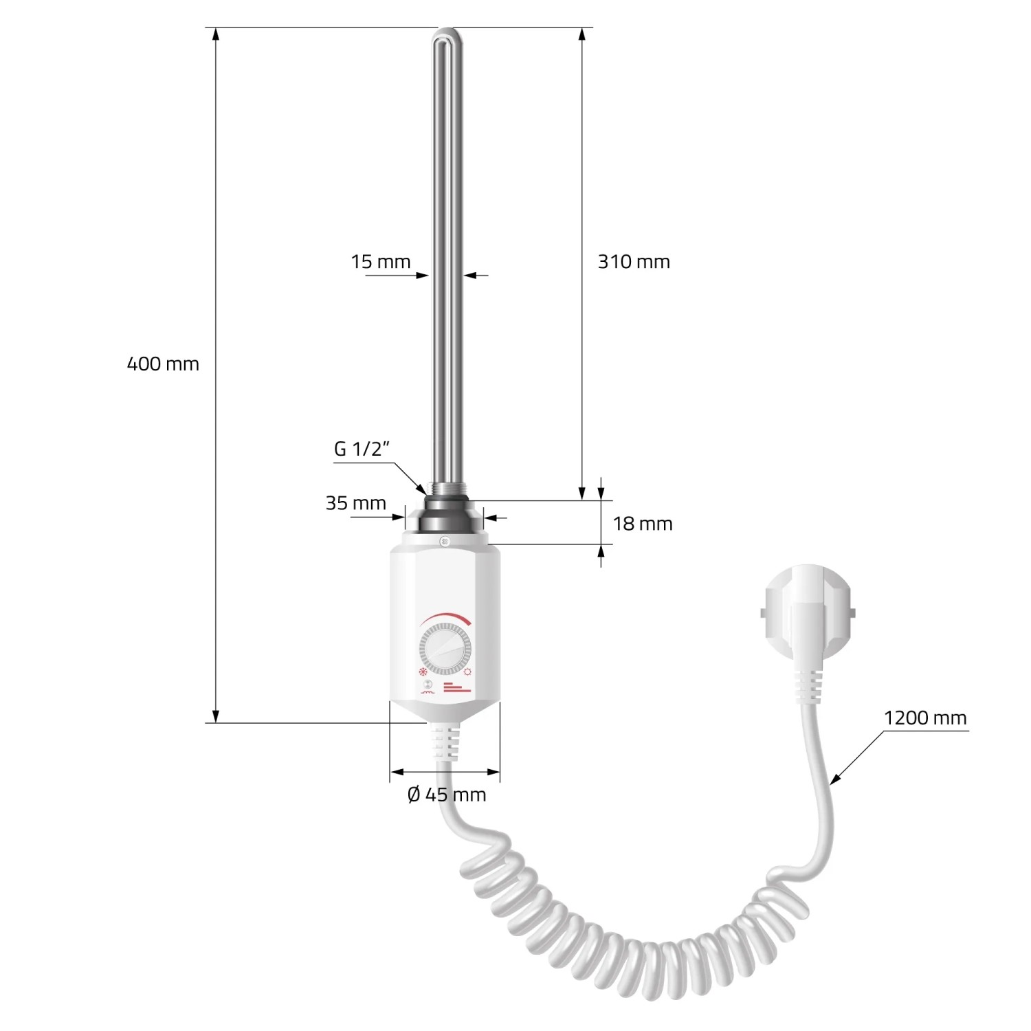 ECD Germany Heizstab 600W mit Thermostat für Badheizkörper, weiß. Elektrisches Heizgerät mit Temperaturregler.