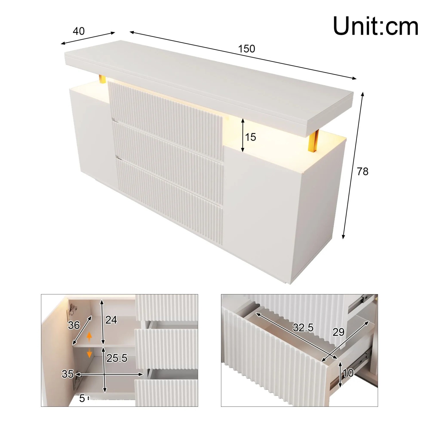 Weißes Merax Sideboard mit LED-Beleuchtung, 150 cm breit, Riffelfront, Schubladen und Schränken. Wohnzimmerschrank.
