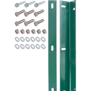 Grüne Befestigungsleiste 120 cm für Doppelstabmattenzaun mit Schrauben, Muttern und Unterlegscheiben.