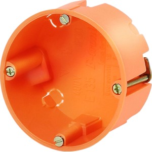 Orangefarbene Hohlwanddose, doppelt, mit Metallkrallen, 47 mm tief.