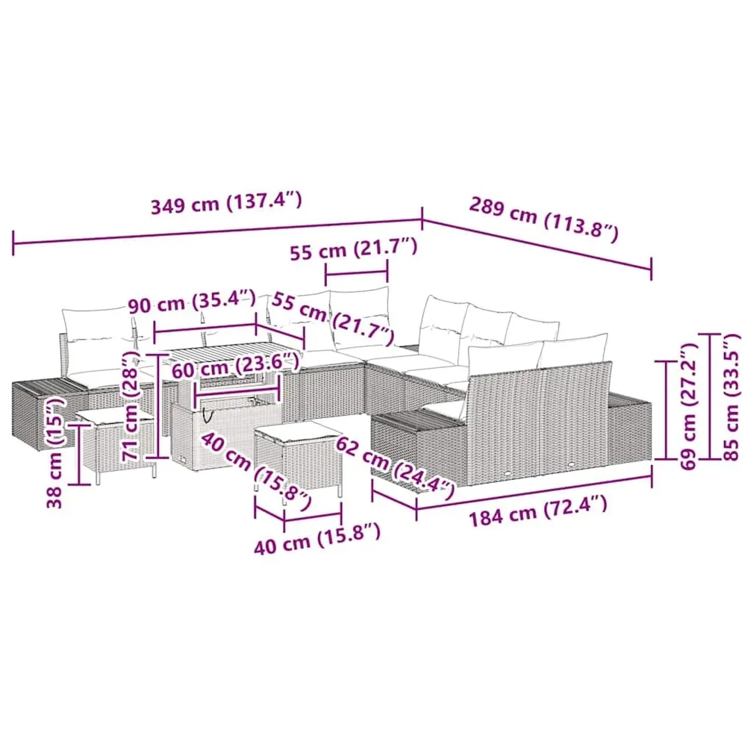 Graues 13-tlg. vidaXL Garten-Sofa-Set aus Polyrattan mit Tisch und Kissen. Abmessungen sichtbar.