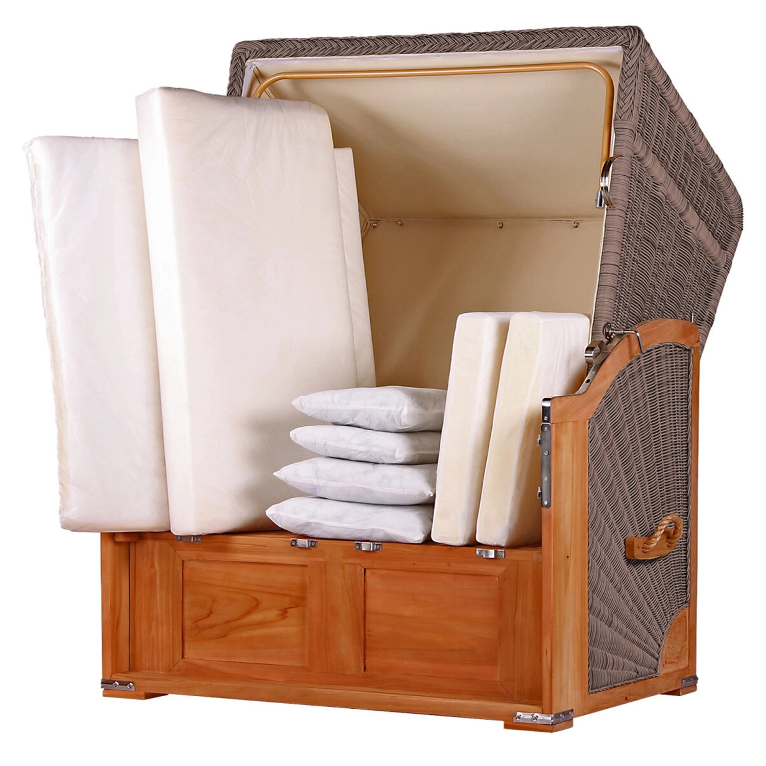 Strandkorb Schaalsee Teak grau, mit Polstern und Kissen. Komplettset für Garten oder Terrasse.