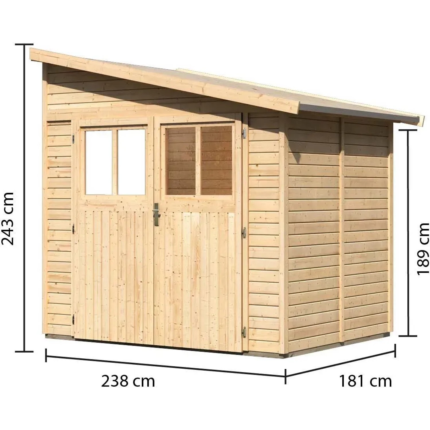 Karibu Holz-Gartenhaus Timsund, naturbelassen mit Pultdach, 235x178 cm. Unbehandeltes Holz.