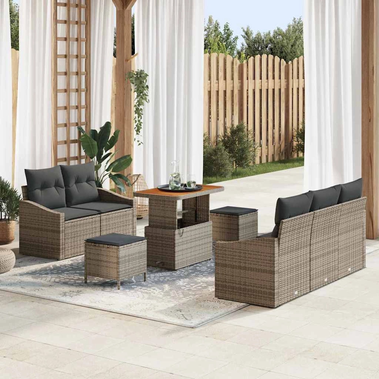 Graues 8-teiliges vidaXL Garten-Sofa-Set aus Polyrattan mit Kissen für Terrasse oder Garten.