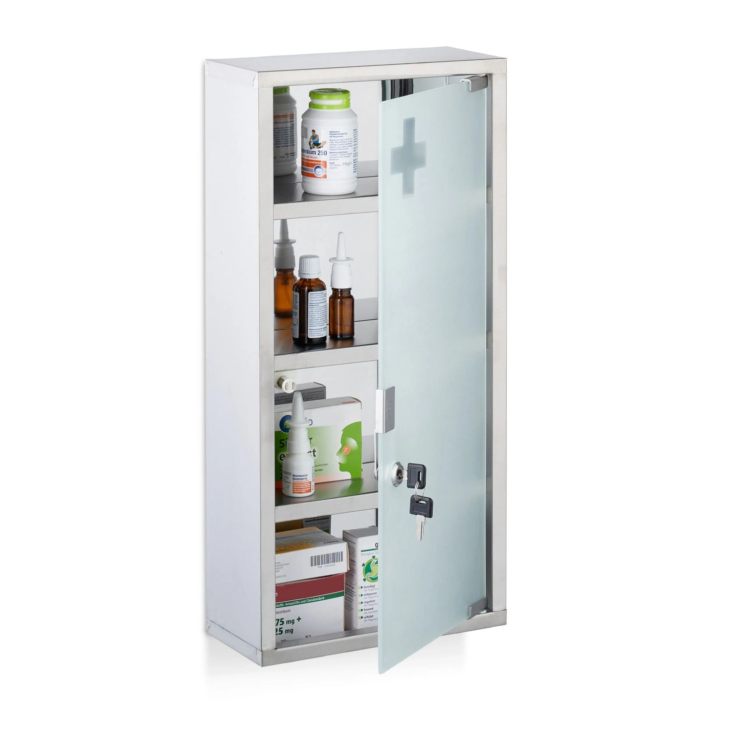 Relaxdays Medizinschrank mit Glastür Edelstahl Milchglas Silber Abschließbar 57 x 27 x 12 cm 3,2 kg