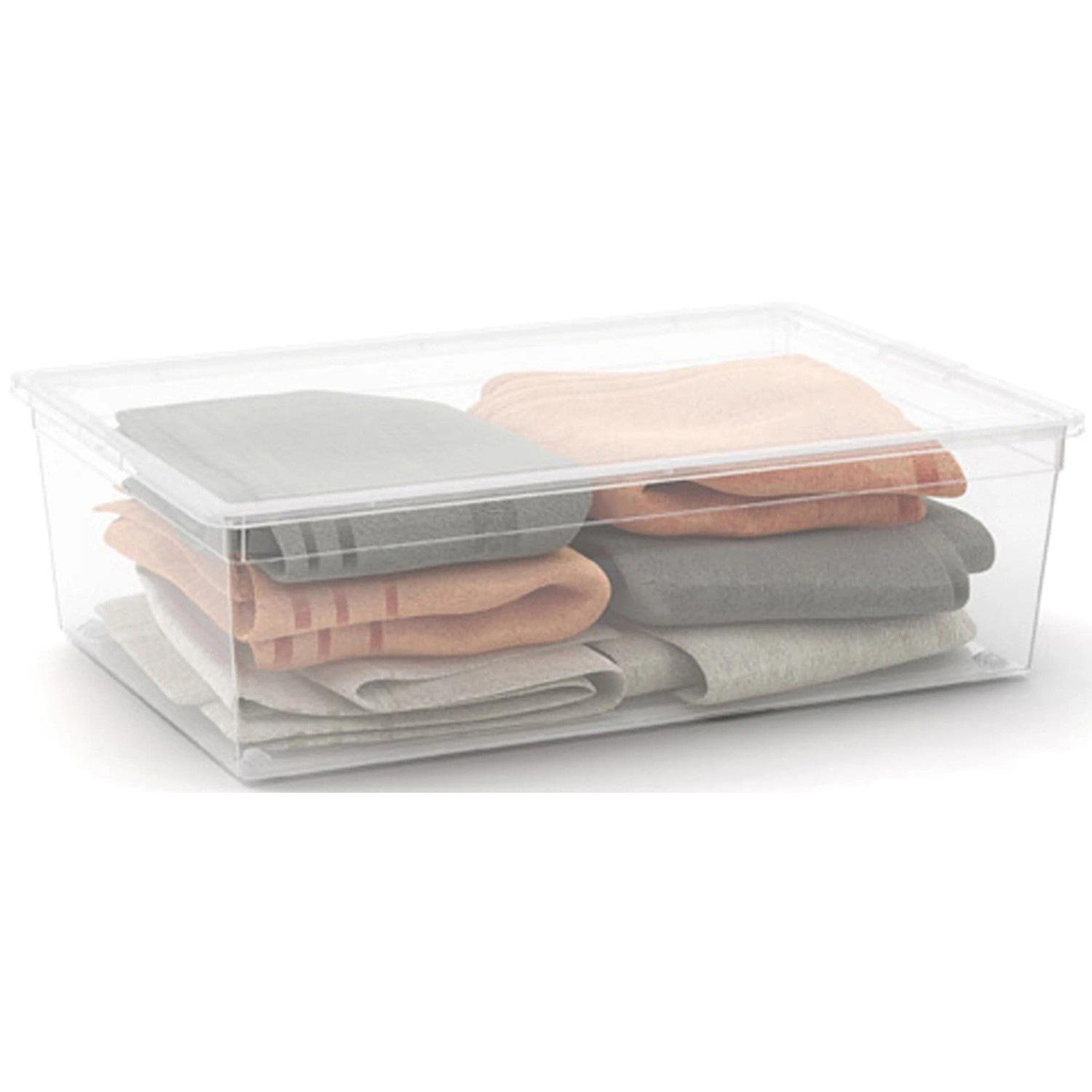 Transparente KIS Aufbewahrungsbox C L mit Deckel und 4 Rollen, gefüllt mit Textilien.
