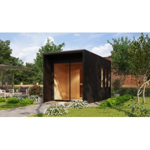 Schwarzes Karibu Saunahaus Cancun mit 9 kW Ofen im Garten.