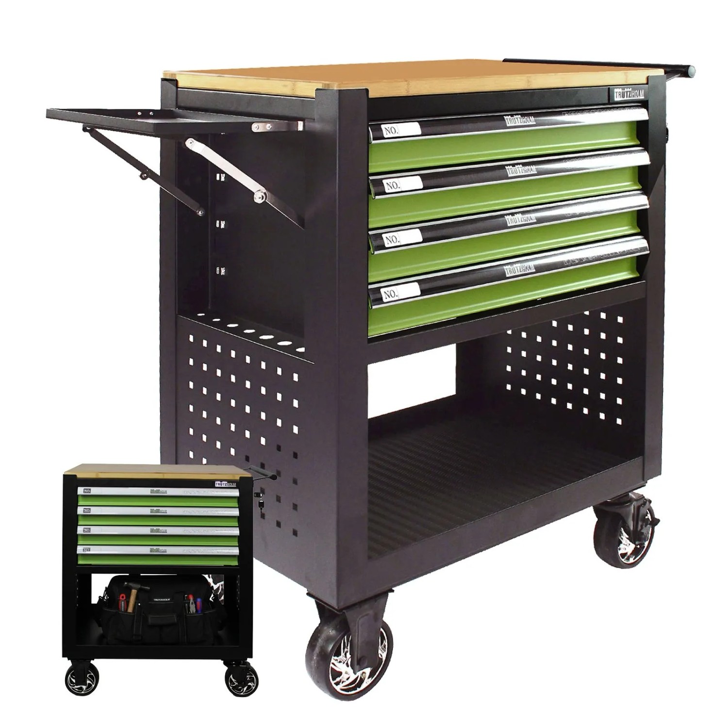 TRUTZHOLM Werkstattwagen 4 Schubladen Leer Grün Massivholz Platte