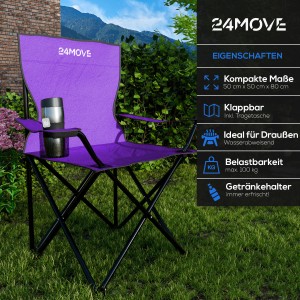 Lila 24Move Campingstuhl mit Getränkehalter und Tragetasche, ideal für Outdoor-Aktivitäten.