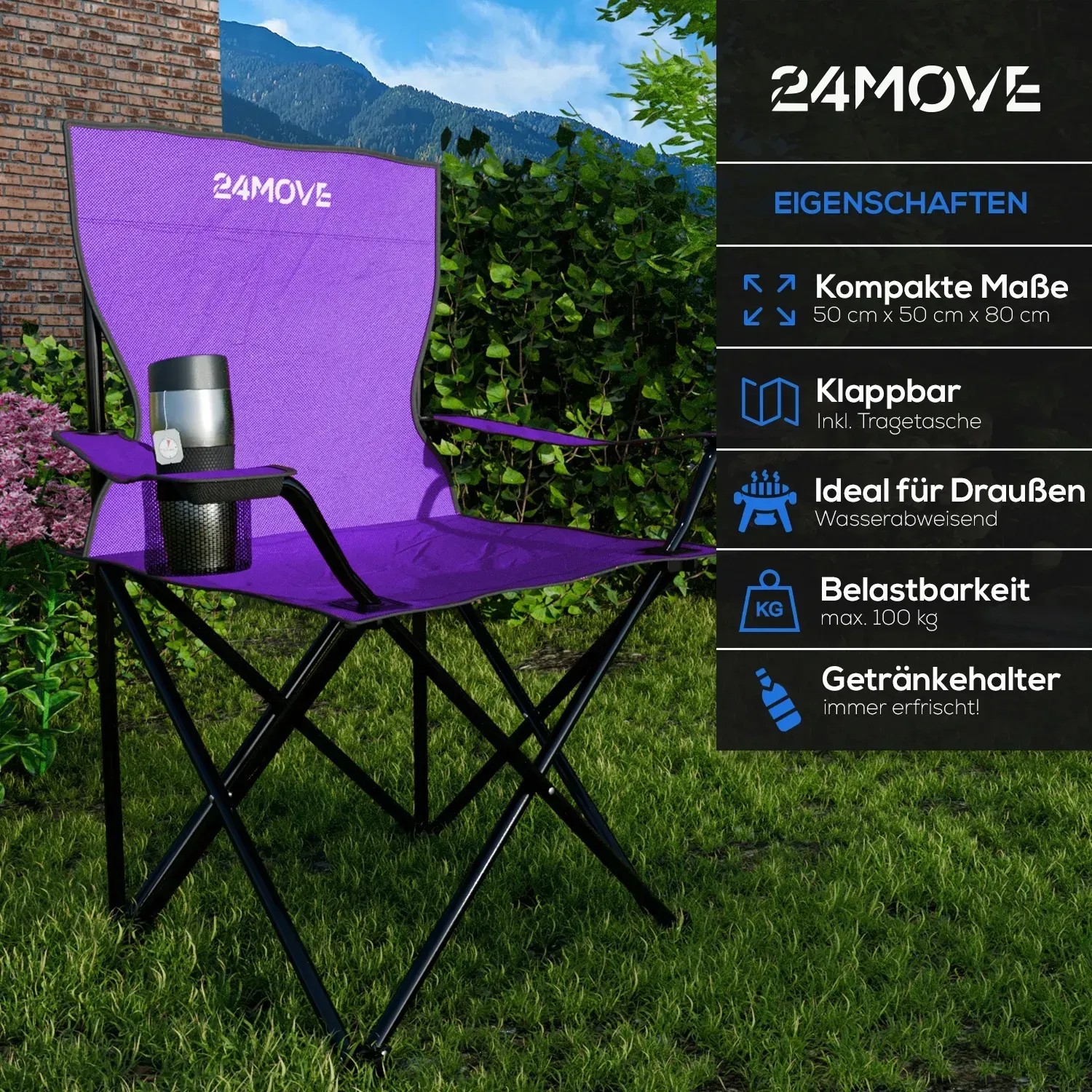 Lila 24Move Campingstuhl mit Getränkehalter und Tragetasche, ideal für Outdoor-Aktivitäten.