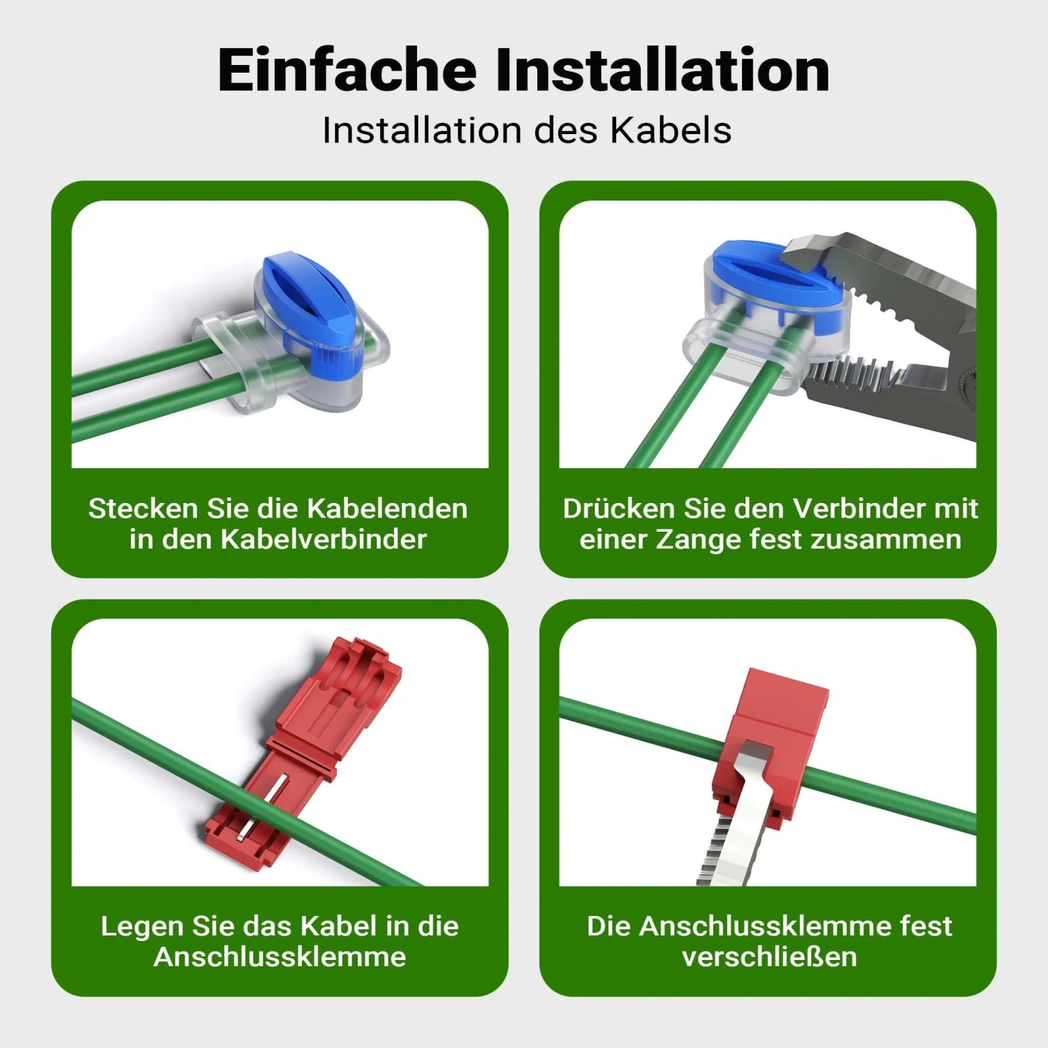 Vier Schritte zur Installation des Wiltec Mähroboter Begrenzungskabels: Kabelenden verbinden und Klemmen fixieren.