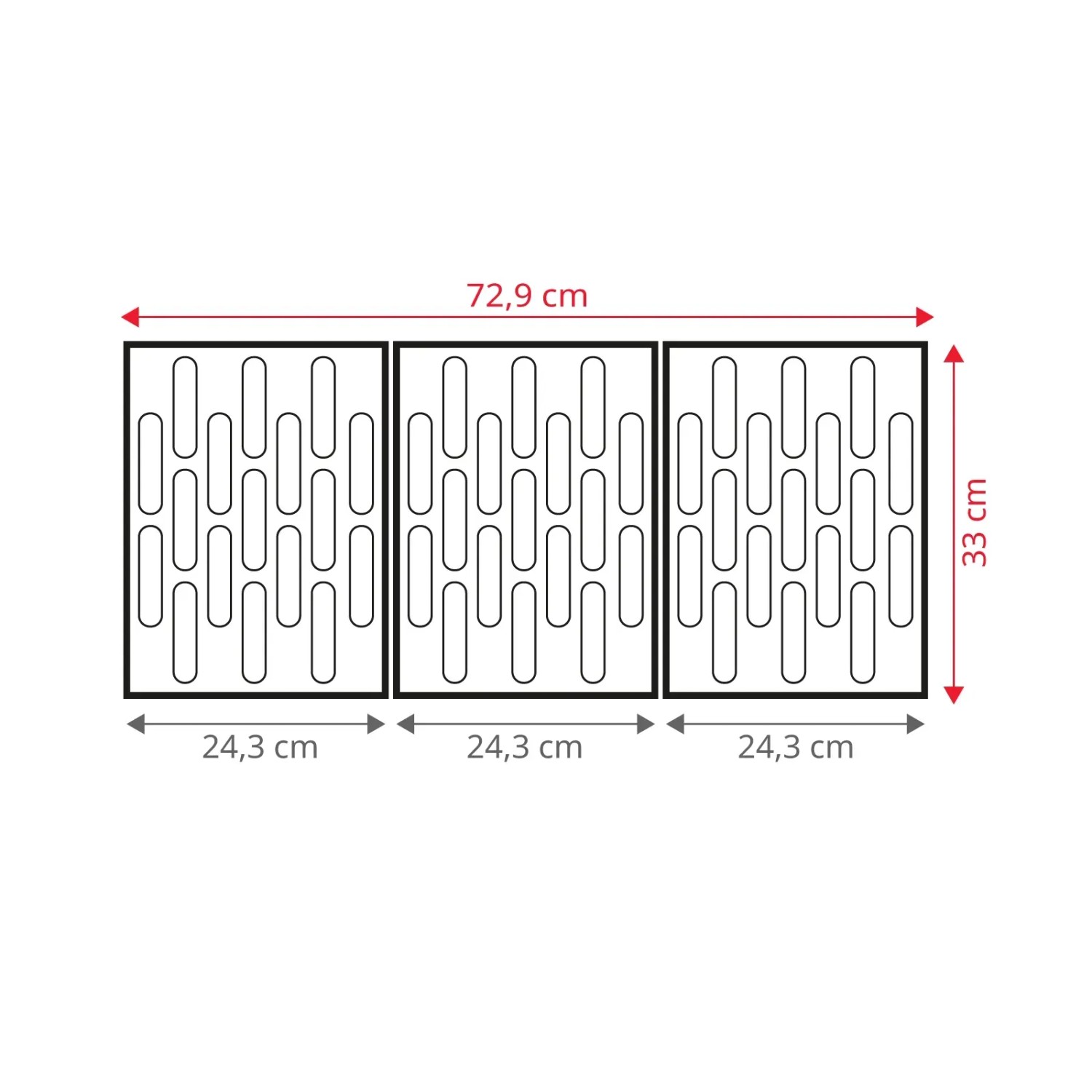 Maße der 3-teiligen Grillfläche des Taino Basic 6+1 Gasgrills: 72,9 x 33 cm.