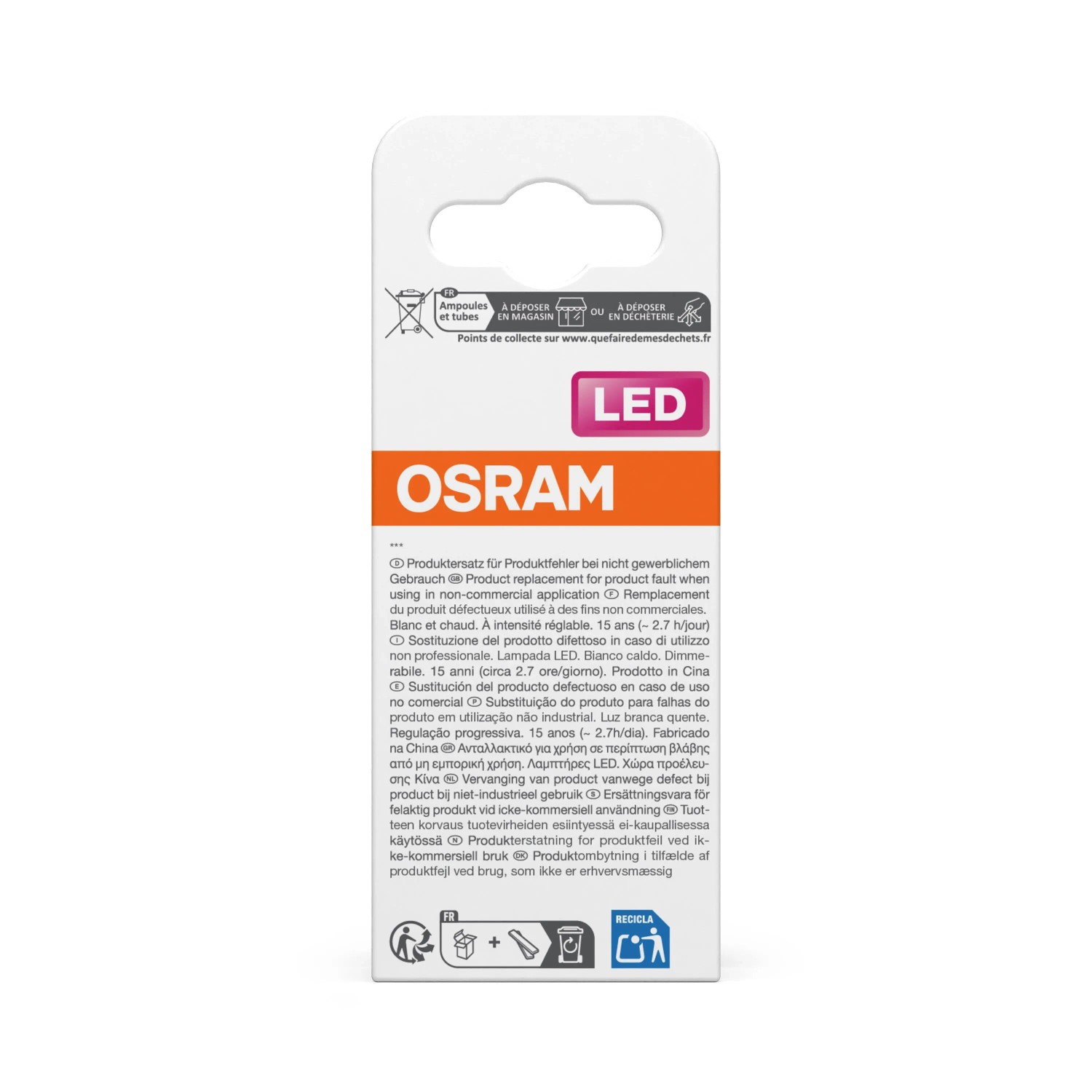 Weiße OSRAM LED Leuchtmittel E14 Verpackung, Rückseite mit mehrsprachigen Produktinfos und Recycling-Symbolen.