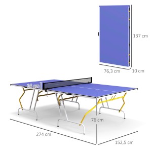 Blaue SPORTNOW Tischtennisplatte aus MDF und Stahl, mit Netz und Maßen. Ideal für Spiel und Spaß.
