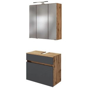 Held Möbel Badmöbel-Set Bari, 60 cm, matt Grau/Wotaneiche, mit Spiegelschrank und Unterschrank.