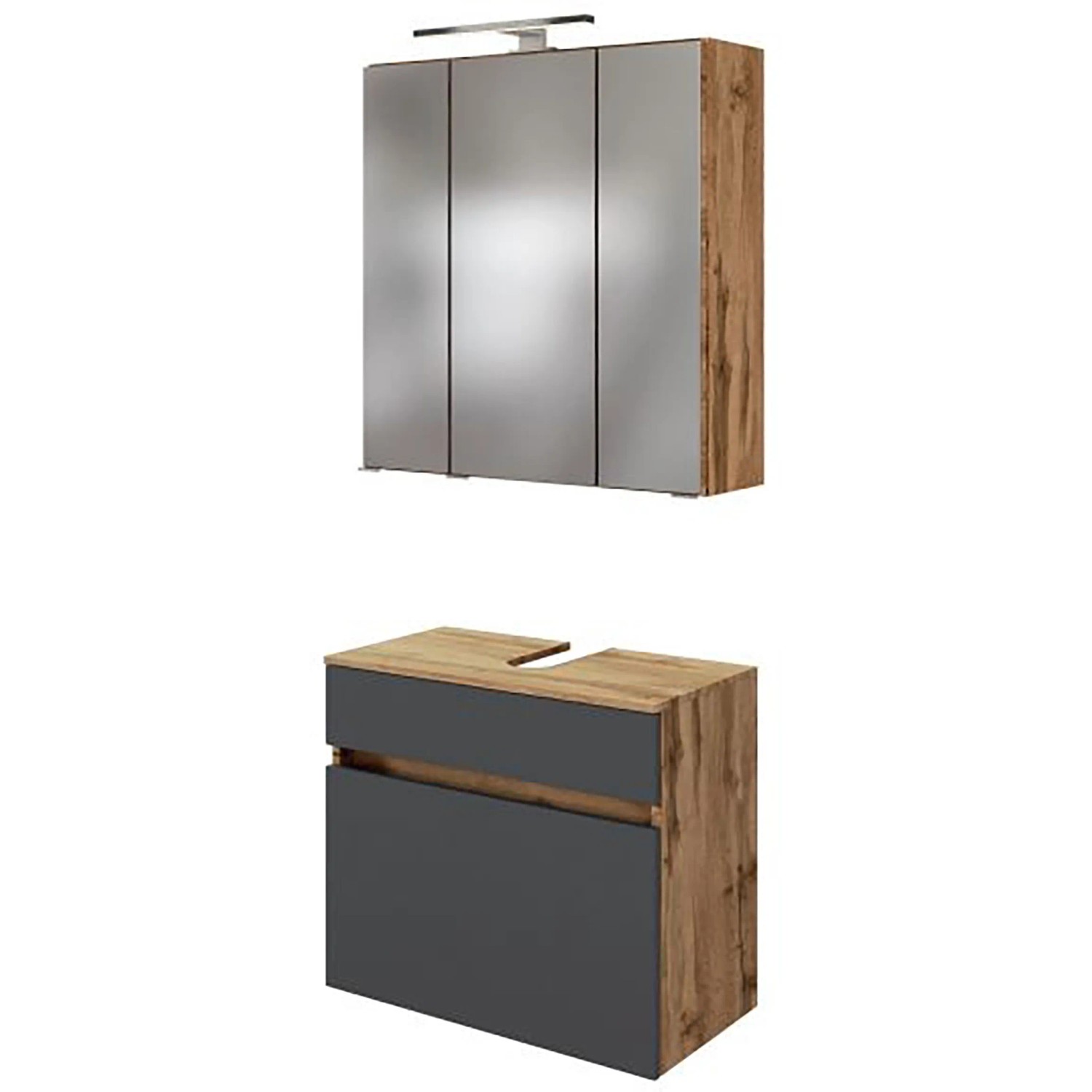 Held Möbel Badmöbel-Set Bari, 60 cm, matt Grau/Wotaneiche, mit Spiegelschrank und Unterschrank.