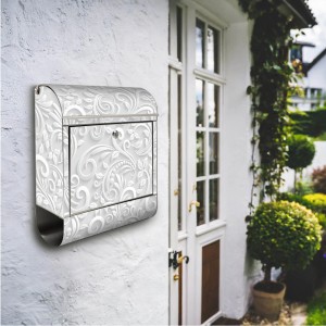 Banjado Edelstahl Briefkasten mit Zeitungsfach und weißem Swirl-Motiv, rostfrei.