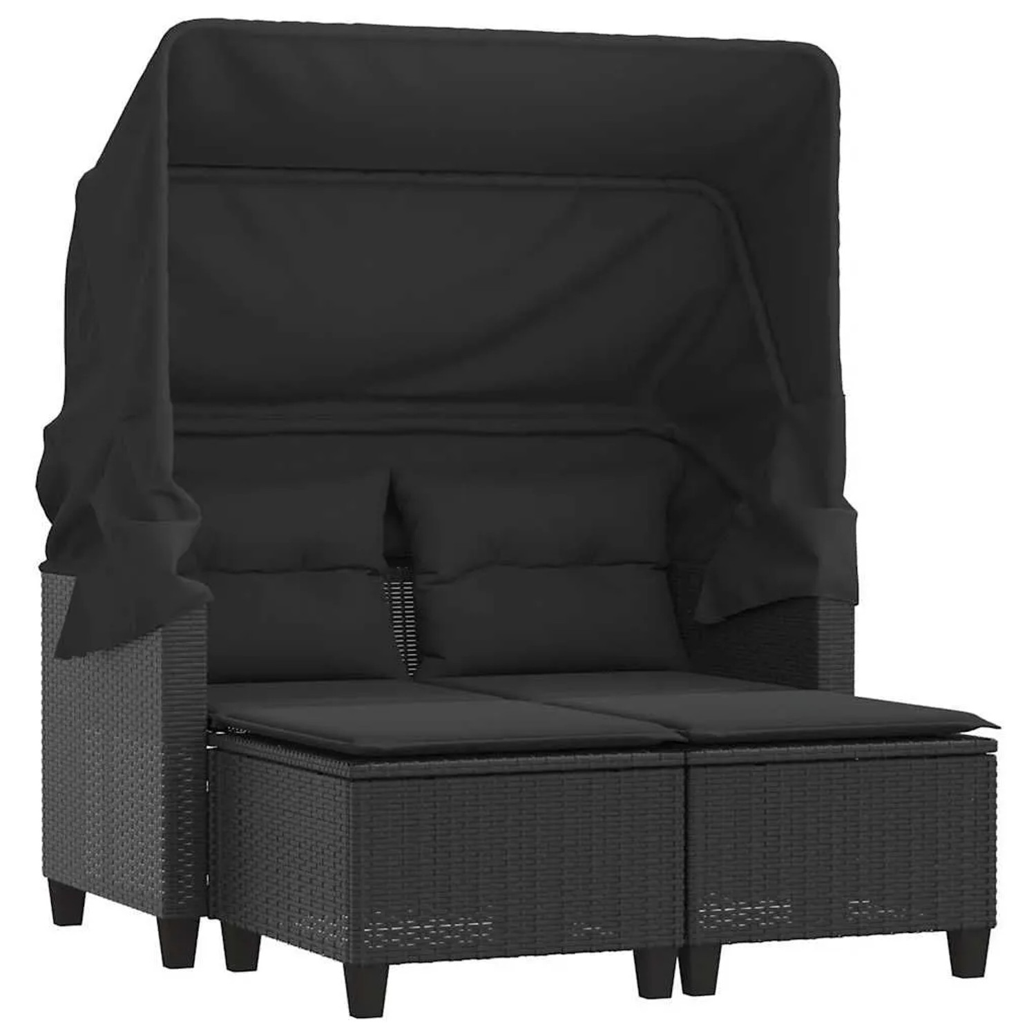 vidaXL Gartensofa 2-Sitzer mit Dach und Hockern Schwarz Poly Rattan 365781