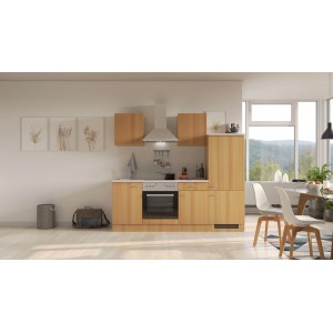 Flex-Well Classic Küchenzeile Nano 220 cm in Buche mit E-Geräten und Spüle.