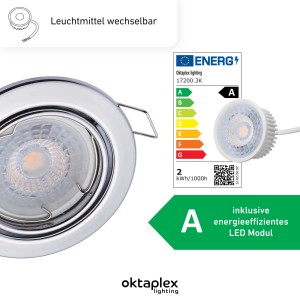 12er Set Oktaplex Einbauspot Dijon, chrom, mit LED Modul für warmweißes Licht. Deckenstrahler schwenkbar.