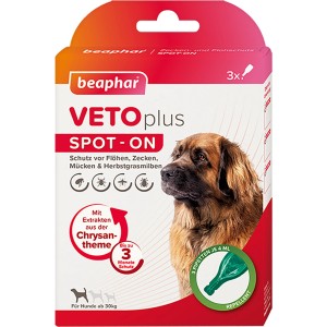 Beaphar VetoPlus Spot-On für Hunde ab 30kg, 3er-Packung zum Schutz vor Zecken und Flöhen.