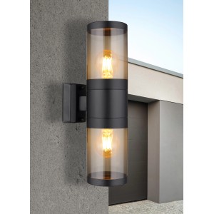 Moderne Globo Außenleuchte, 2-flammig, schwarz matt mit rauchfarbenem Glas für E27 Leuchtmittel.