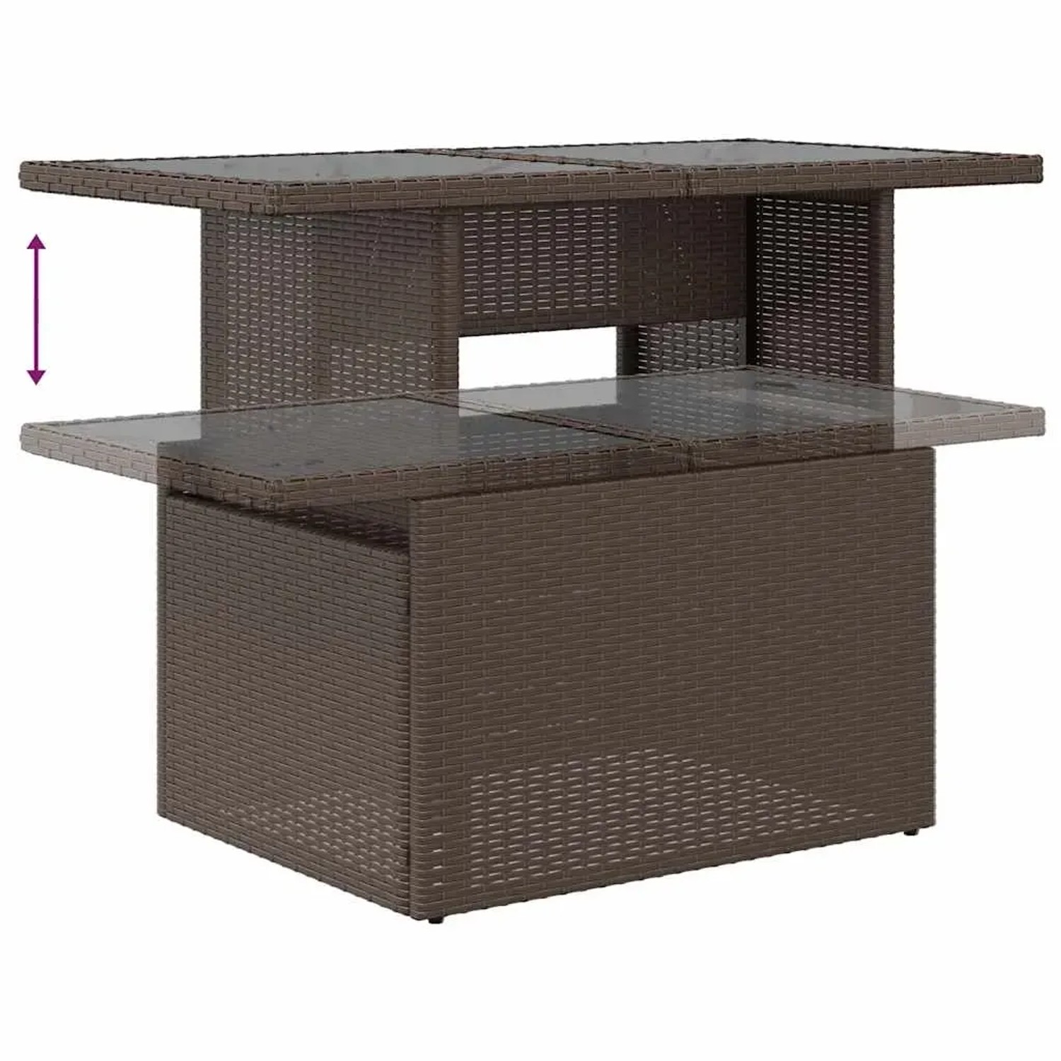 Höhenverstellbarer Gartentisch aus braunem Rattan mit Glasplatte für die vidaXL Garten-Sofagarnitur.