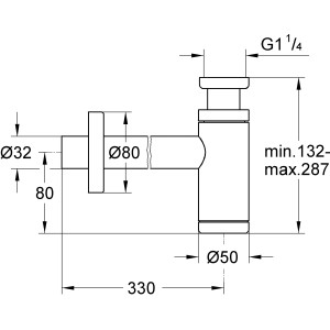 Technische Zeichnung: Grohe Geruchsverschluss Waschtisch 1 1/4 Hard Graphite mit Maßen.