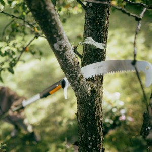 Fiskars Wertastungssäge OneClick in Aktion: Astsäge zum Schneiden von Ästen im Garten.