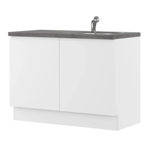 Weißes Impuls Küchen Hauswirtschaftsmodul 120 cm mit Spüle und grauer Arbeitsplatte.
