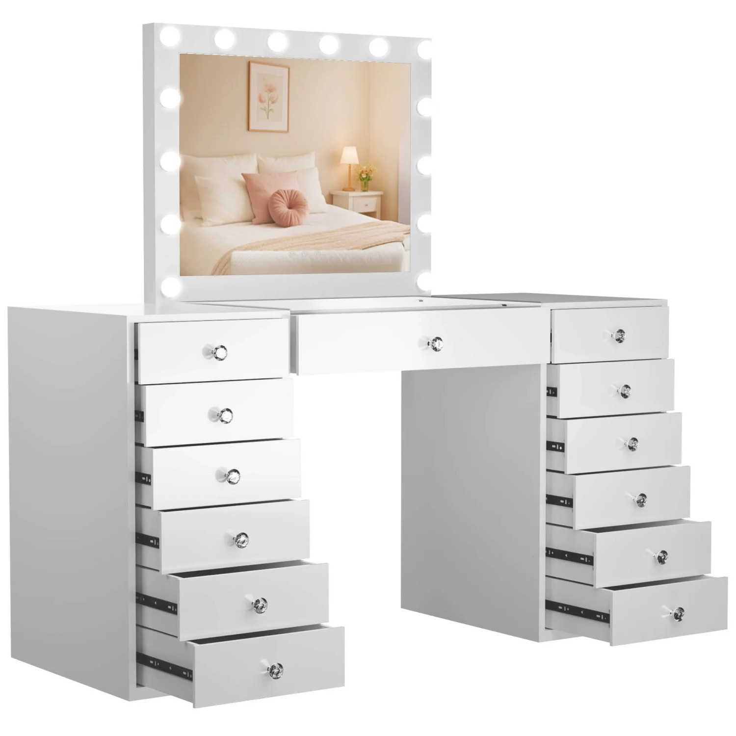 DELUKE Schminktisch OSLO mit Hollywoodspiegel 150x55x155cm Holz Weiß Kosmetiktisch Schminken Make-Up-Tisch