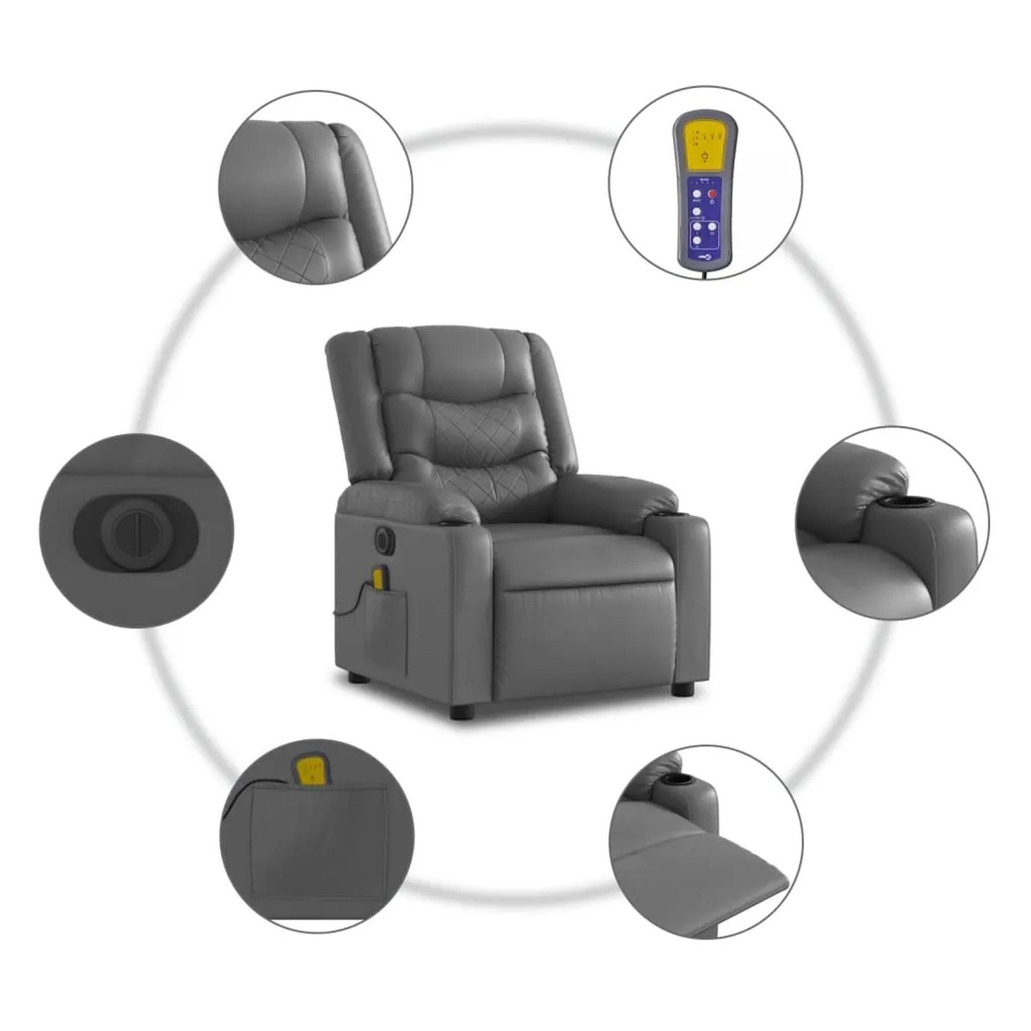 Grauer vidaXL Massagesessel mit Aufstehhilfe und Fernbedienung, Details.