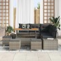 Graues 9-teiliges vidaXL Garten-Sofa-Set aus Poly Rattan mit Tisch und Kissen.