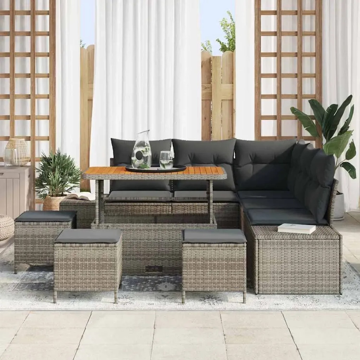 Graues 9-teiliges vidaXL Garten-Sofa-Set aus Poly Rattan mit Tisch und Kissen.