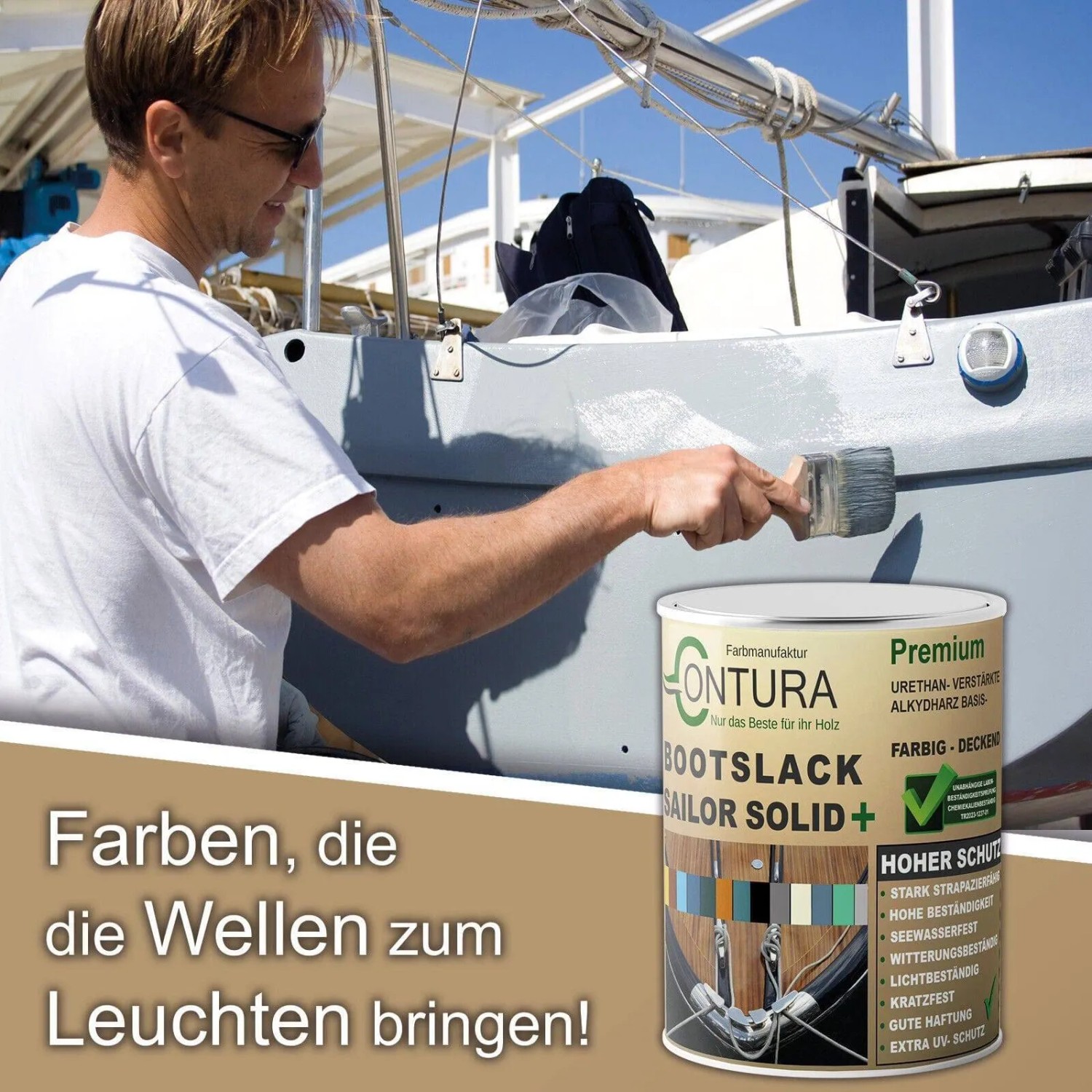 Mann streicht Boot mit Contura 2K Bootslack Schwarz. Buntlack für Holz, Metall & GFK.